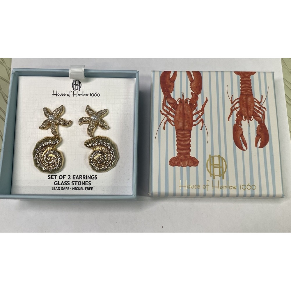 House of Harlow 1960 2 Set Earrings Lead&Nickel Free Gold Tone Starfish Seashell